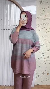 Sweater Rajut Oblong Twis Oversize Motif Stripe Lengan Panjang Premium