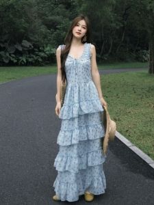 CHANGTONG | Beach Holiday Style V-Neck Polka Dot Layered Dress