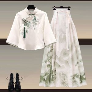 NUMEN BUTTON | Plus Size New Chinese Style Suite Summer New Youthful Embroidered Top and Skirt
