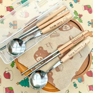 Portable Cartoon Kitty Miffy Rabbit Stainless Steel Spoon Chopsticks Two-Piece Set Adult Student Tableware Elm Wood Handle