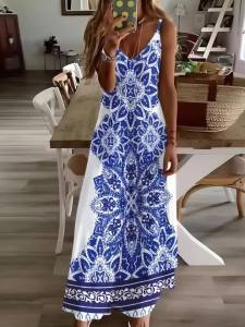 Printed Design Four Seasons casual style Blue White Geometric Floral Pattern V-neck spaghetti strap dress