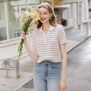 XIANGYING | Áo Thun Sọc Ngắn Tay Knit Sweetener