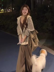 Khaki Drawstring Hooded Striped Knitted Open Cardigan Womens Loose Versatile Top Sweater Jacket Korean Style Autumn New Arrival