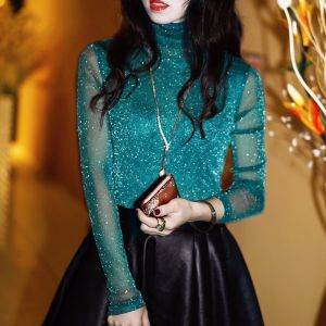 Womens Long Sleeve T-Shirt Inner Wear Lace Mesh Base Shirt Gold Silver Thread Embroidery Slim Fit round Neck Top Spring Fashion