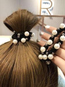 Pearl Hair Rope Bracelet Triangle Hair Accessories South Korea Minimalist Basic Hair Ring Black Candy Female Does Not Hurt Hair Tie Hair Rubber Band