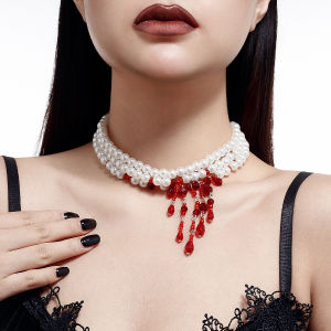 SHIXIN Halloween Red Crystal Blood Drop Tassel Necklace for Women Luxury Elegant Multilayer Imitation Pearl Choker Party Jewelry