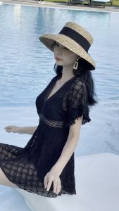 Swimsuit Female Lace Short Sleeve one-piece Swimsuit Solid Color Slim Conservative Womens Hot Spring Swimsuit With Chest Pad