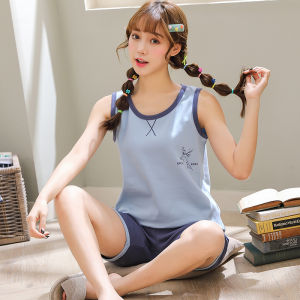 Summer Womens Sleepwear Set Sleeveless Shorts plus Size Pure Cotton Cartoon Loose Home Clothes Comfortable Breathable Nightgown