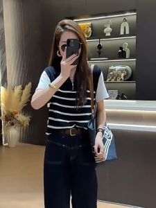 Polo Collar Zipper Striped Knitted Vest Versatile Sleeveless Top Women Color Blocked Vest