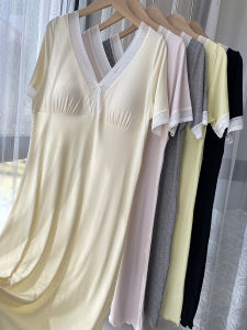 ฤดูใบไม้ผลิ ฤดูร้อน การนอนหลับแขนสั้น เดรส ผ้าริบ ผ้าฝ้าย บ้าน ชุดนอน หวาน คอ V ลูกไม้ แผ่นรองถ้วย Trim สบาย กระโปรงยาวปานกลาง 92704