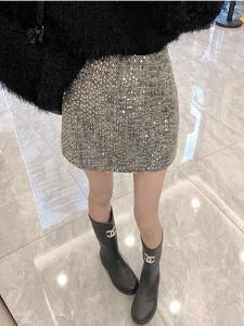 Silver Sequin High Waist Slimming plus Size Autumn Winter Short A-Line Skirt Anti-Light Design Versatile Modesty-preserving Skirt