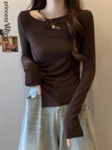 WANGGONGZHU | Princess Style Long Sleeve Hollow Out T-Shirt Womens Fashion Split Design Autumn New Arrival Slim Fit Round Neck Top