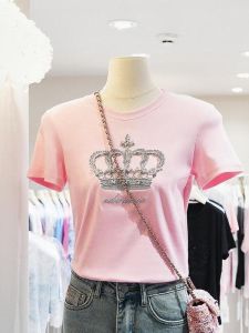 New Arrival Womens Heavy Embellished Short Sleeve T-Shirt Summer Design Small Size Fashion Citywalk Diamond Embedded Top
