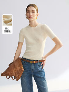 Lancy from 25 Triacetate Knitted Top Womens Business Commute Shirt round Neck Short Sleeve Waist-Cinching Mid-Length