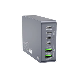 220W GaN Nitride 6-Port USB-C PD Charger 3-in-1 Laptop/Tablet/Mobile Device Station Gray Security Desktop Adapter