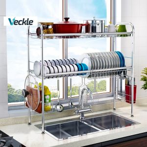 Veckle Stainless Steel 304 Sink Dish Drain Rack 1/2 Tiers Double Rods Kitchen Organizer Dish Drying Rack Basket Kitchen Supplies Storage Rack with Chopstick Holder
