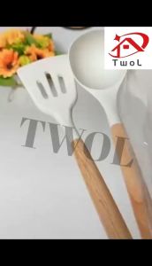TWOL 3PCS White Silicone Kitchenware Cooking Utensils Set Wooden Handle Non-Stick Spatula