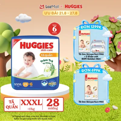 [17-24.08 GIẢM THÊM 90K] [Tặng 6 miếng] Tã/bỉm quần Huggies Skin Care Super Jumbo XXXL22+6 miếng với tràm trà dịu da