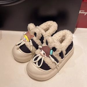Womens Cotton Slippers Winter Outer Wear Cute Girl Rabbit Eared Home Indoor Non-Slip Fleece-lined Plush Warm Slippers