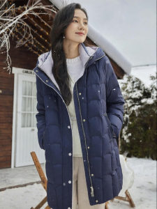 Koradior | Hooded Mid-Long Goose Down Quilted Womens Down Jacket