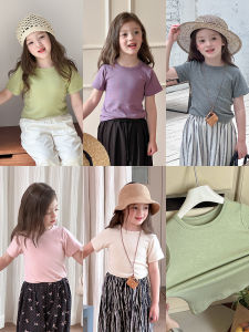 Soft Elastic Lightweight Pure Color Short Sleeve Wool Blend T-Shirt for Girls Baby Summer Cotton Base Shirt Cartoon Letter Print Loose Fit