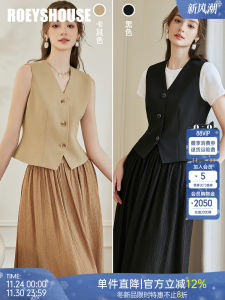 Roeys House Black Slim Fit Linen Vest Short Outerwear Commute Sleeveless Top V-Neck Button Detail Regular Thickness Pure Color