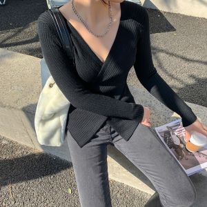 HUOLISI | Black V-Neck Stylish Autumn Long Sleeve Top