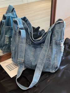Vintage Trendy Casual Denim Tote Bag Womens Autumn New Fashionable Large Capacity Fancy Shoulder Messenger Bag
