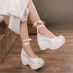 Spring Summer Womens Hanfu Shoes Heightened 9cm Embroidered Beaded High Heel Traditional Chinese Style Cotton Slip-On Shoes