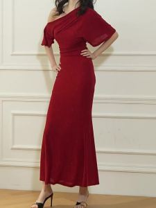 Elegant Golden Threaded Off-shoulder Slimming Evening Dress