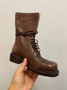Handmade Leather Martin Boots Womens Vintage Waxed Color Rough Heel Mid-Calf Lace-Up Boots British Style Square Head Shoes