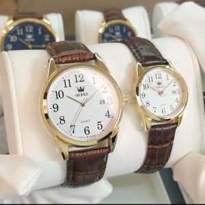 OLEVS resmi autentik jam tangan pria otomatis dewasa 2024 kasual simpel cermin HD Kulit jam tangan anti gores tahan air