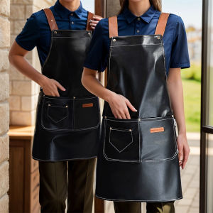 1 piece adjustable PU artificial leather apron with multi-pocket artificial leather apron for home cooking and kitchen cleanin