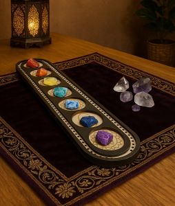 Boho Chakra Symbol Wooden Crystal Display Tray 7 Chakra Pattern Desktop Ornaments Spiritual Meditation & Yoga Home Decor Gift