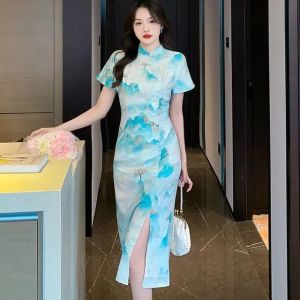 GanLai Women Cheongsam Dress Thousand-Li Landscape Figure New Chinese R Temperament Slimming Cheongsam Dress Republic of China Style Long Skirt Summer Evening Dress Wedding Dress Holiday Dress