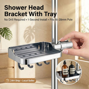 Shower Head Bracket With Tray Punch-Free Adjustable Clip-On Slide Rail Rack Bathroom Organizer Storage Holder No Drill Shelf Stand