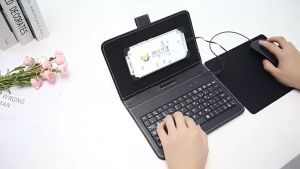 TASMO Type-C/Micro-Usb Wired Phone Keyboard Mouse Set With PU Leather Cover For Android Phone Keyboard And Mouse With OTG Function For Online Classroom Learning Home Office