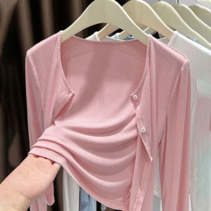 Gray Knitted Ribbed Open Cardigan Top Short Thin Office Air Conditioned Sun Protection Shawl Womens Outerwear Casual Style