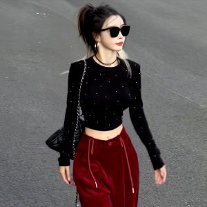 Áo Thun Nữ Tay Dài Cổ Tròn Đính Đá Công Phu Ngắn Ôm Vừa Vặn Thời Trang Thu Đông Mới Về Áo Thun Cotton Thường Ngày