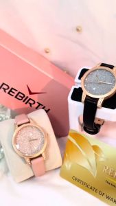 REBIRTH Jam Tangan Wanita Tahan Air Asli Eksklusif Fashionable Elegant dengan Fitur/ Strap Kulit - Warna Pink / Black [COD Bayar Di Tempat]