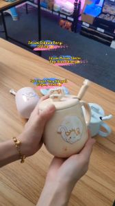 Cute Cup Cat Creative Cartoon Mug with Lid & Stainless Steel Spoon Handphone Holder Best Gift Set Cawan Ceramik Comel