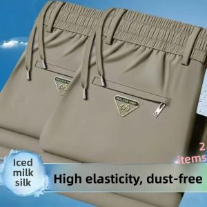 Summer High-End Ice Silk Thin Sport Pants Womens Elastic Waist Straight Leg Long Trousers Casual Pants Korean Style Commute