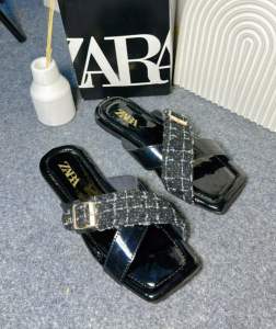 Sandal Selop ZARA Silang Rajut Tweet Kombi Polos Glossy Gesper Kekinian Korean Style KODE HZ1NOV24