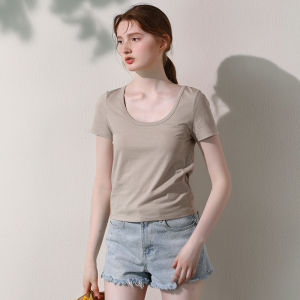 Miccbeirn | Silk Long Staple Cotton Simple T-Shirt Short Sleeve Slim Fit Solid Color U-Neck Cool Commuting Versatile Style Summer Wear