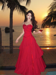 Summer Beautiful Red Vintage Holiday Style Strap Long Dress Evening Gown Waist Cinched Lace Trimmed One Piece Spring Dress