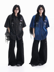zuocisankon | Vintage Sparkling Cross Design Loose Denim Shirt