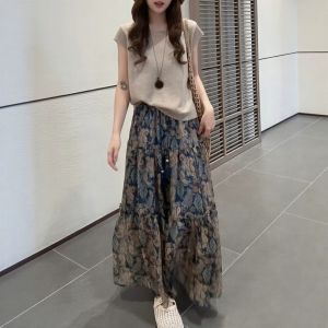 XUECAIQI | Summer Korean Sleeveless Knit T-Shirt Vintage Print Skirt Set Women