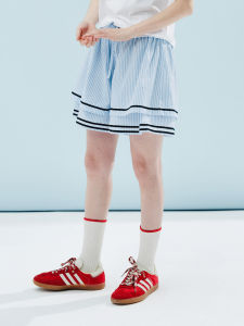 Summer Original Pure Cotton Printed Stripe Double Layer Shorts Womens Casual Straight Leg Pants Natural Waist Tie Belt