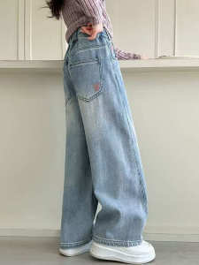 กางเกงยีนส์ขากว้างลำลองแฟชั่นฤดูใบไม้ผลิและฤดูใบไม้ร่วงสำหรับเด็กผู้หญิง กางเกงขายาวทรงตรง กางเกงขายาวเอวยางยืด ผ้าเดนิม