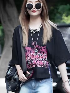 Loose Oversized round Neck Short Sleeve T-Shirt Womens Fashion Print Split Pure Cotton Pullover Summer Top Korean Style